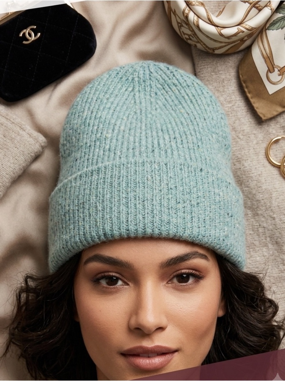 Zara Soft Knit wool blend Beanie in Mint Green with tacked fold women’s medium